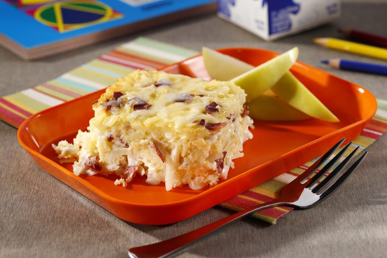 Bacon, Egg & Cheese Hash Browns with Apple Slices on a Tray