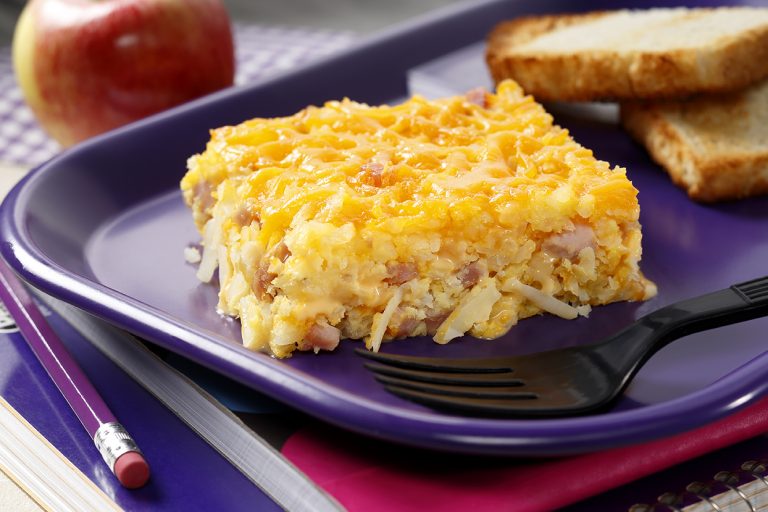 Ham, Egg & Cheese Hash Browns with Toast on a Tray