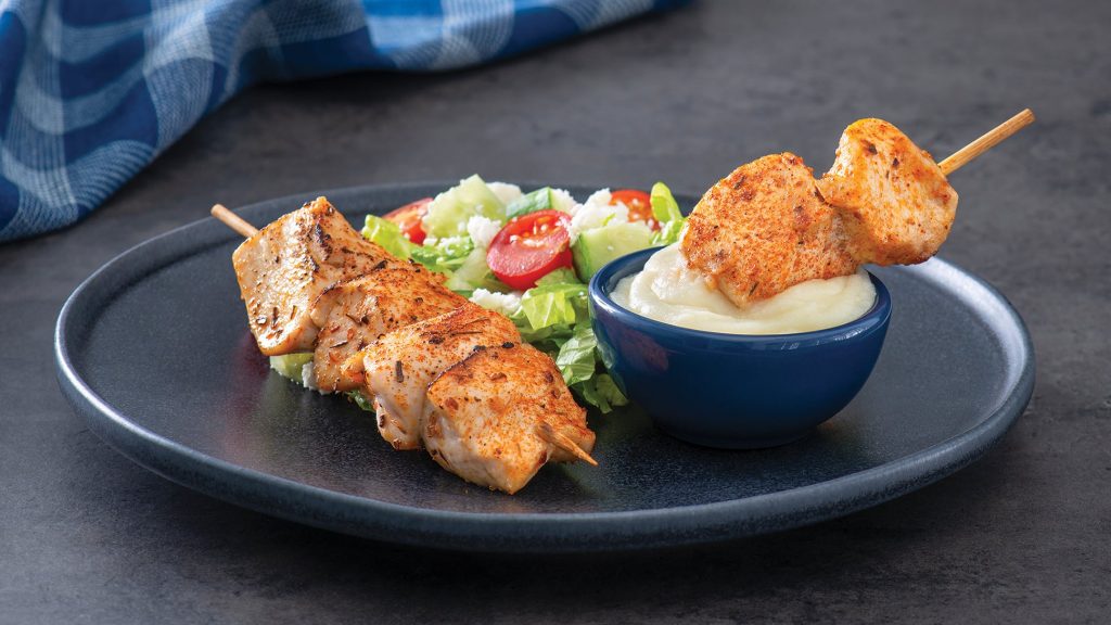 Greek Mashed Potato Dip with Chicken Skewers