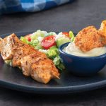 Greek Mashed Potato Dip with Chicken Skewers