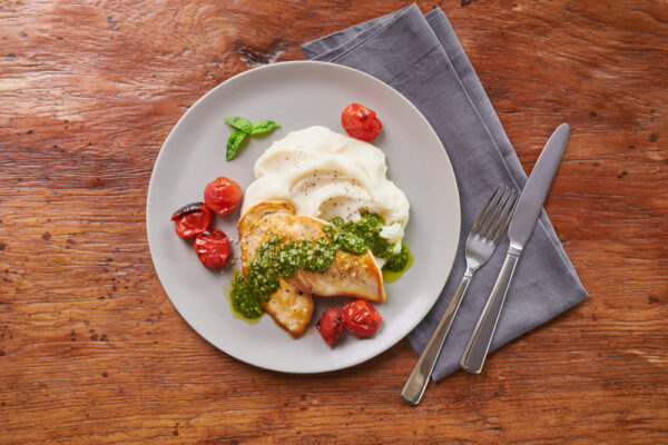 Pesto Chicken Mashed Potatoes and Broiled Grape Tomatoes