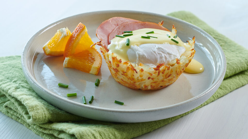 Eggs Benedict in a Hash Brown Nest