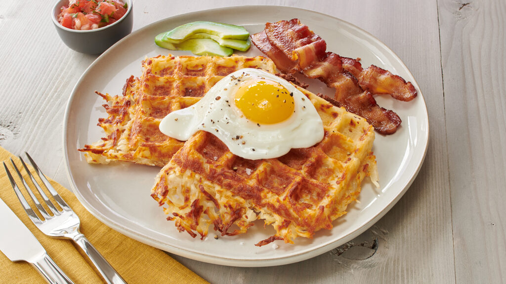 Hash Brown Waffle with Bacon, Eggs & Avocado