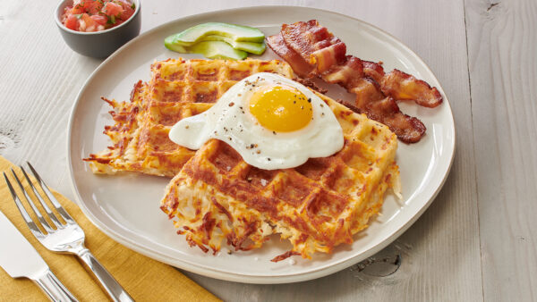 Hash Brown Waffle with Bacon, Eggs & Avocado