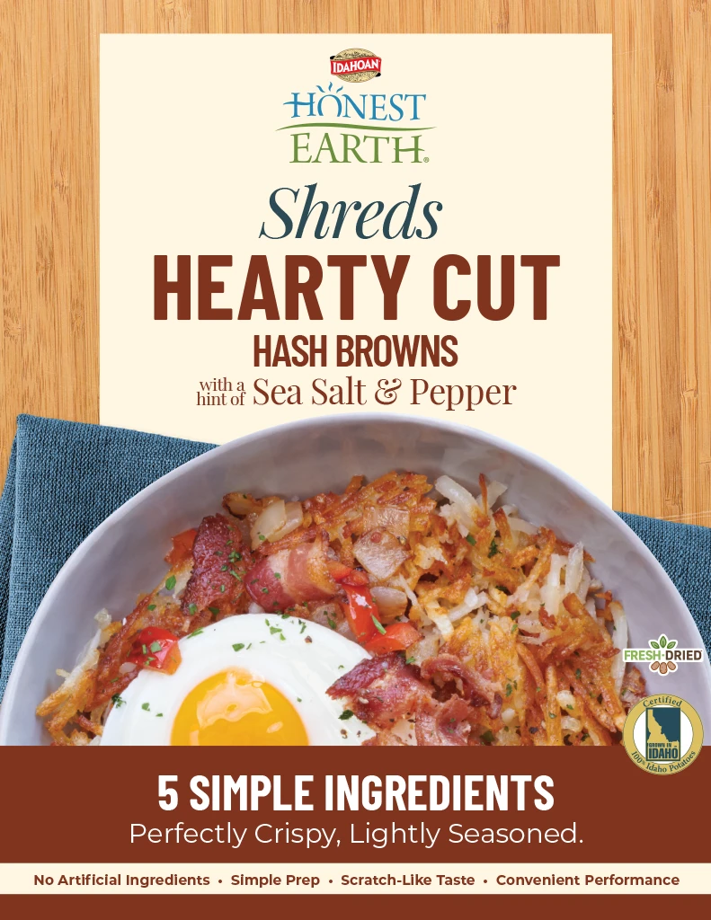A bowl of Idahoan Honest Earth Hearty Cut Hash Browns topped with a fried egg and bacon is featured on the packaging, which highlights 5 simple ingredients and bold sea salt & pepper flavor.