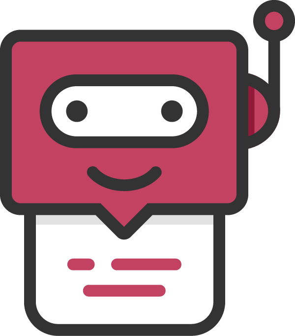 A stylized, cartoon robot head with a pink face, antenna, smiling mouth, and a white rectangular body featuring two pink lines resembling text.