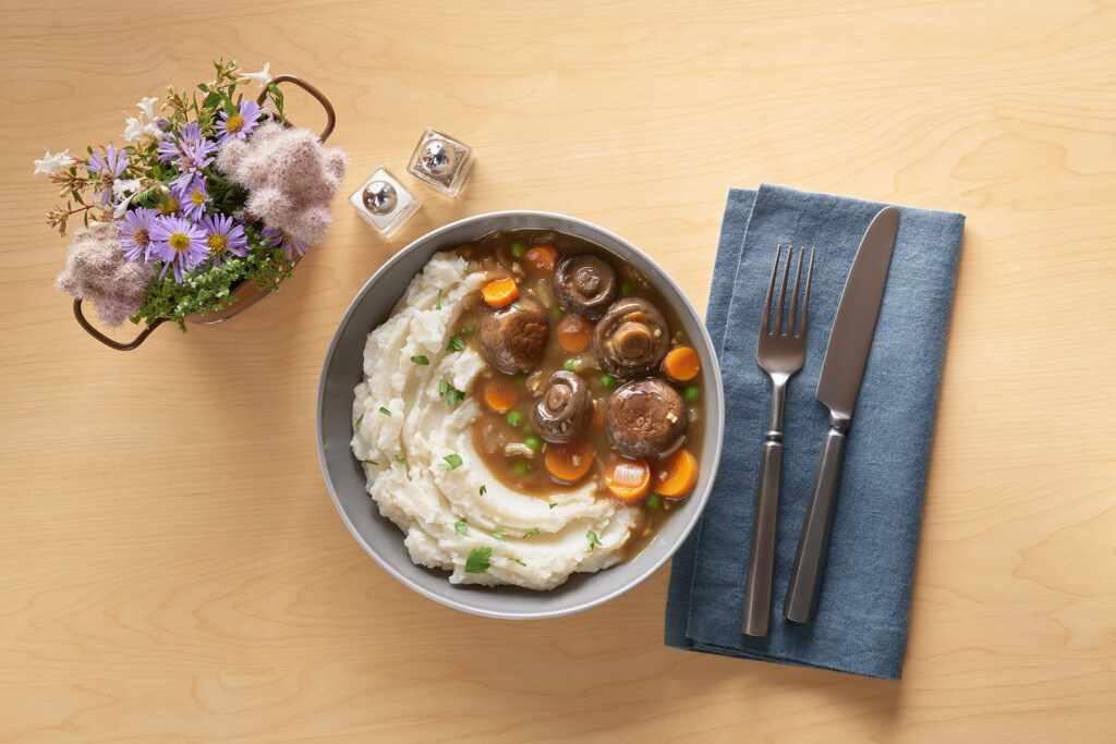 Mushroom “Beef” Stew Over Honest Earth Creamy Mashed Potatoes