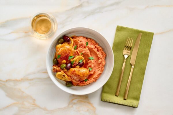 Smoky Harissa Mashed Potatoes Served with Chicken Tajine